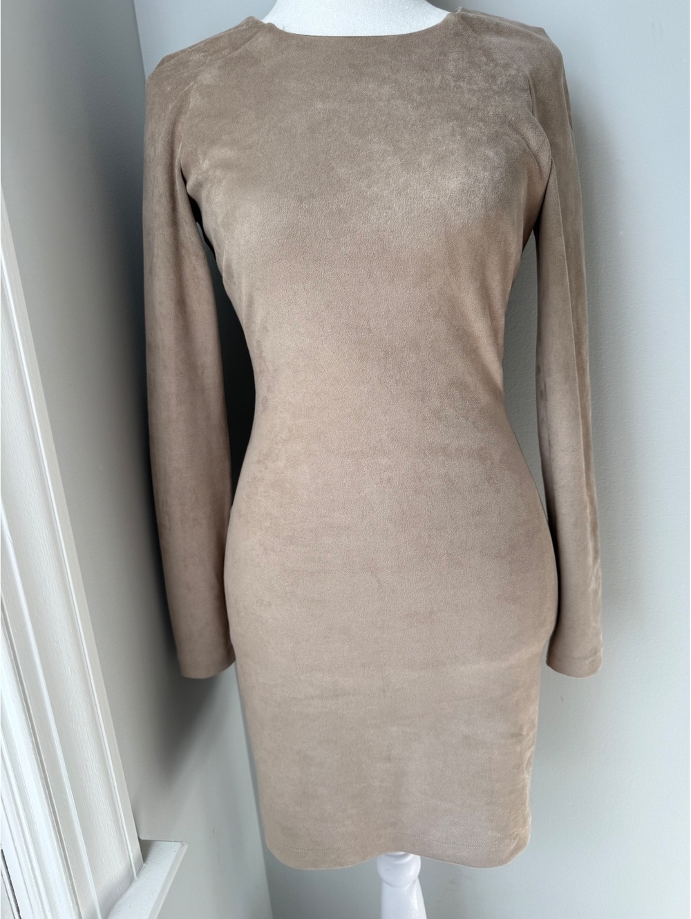 Bebe Taupe Faux Suede Long Sleeve Bodycon Dress